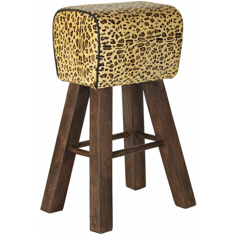 Leder -Lederhocker 43x35x75 Bois Leopard Brown Material Mehrfarbige Farbfarbfamilienstühle und Hocker Details