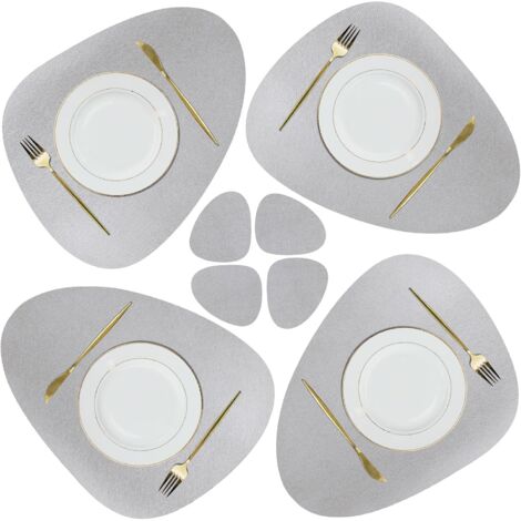 Leder-Tischset und Untersetzer-Set, wasserdicht, abwischbar, rutschfest, Weihnachts-Tischsets für den Innenbereich, Küche, Esstisch, Restaurant, Party, Grillen im Freien (Hellgrau)