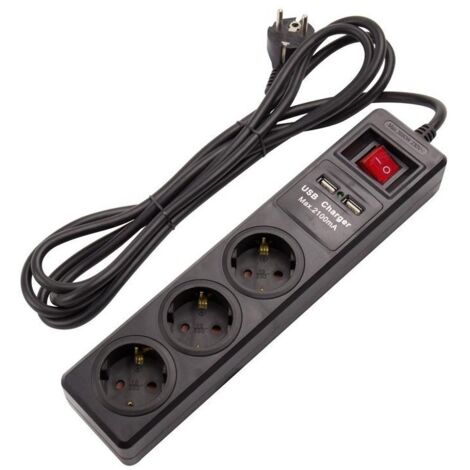 Ledkia – Bloc multiprise 3 prises Type F Schuko EU – 2 ports USB 2100 mA – Câble 3m avec interrupteur lumineux – Protection enfants - 2xUSB