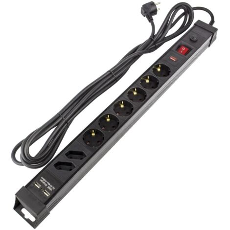 Ledkia – Multiprise 6 prises Type F Schuko avec protection de surtensions – 2 prises Type C – 2 ports USB 5m – Câble PVC noir