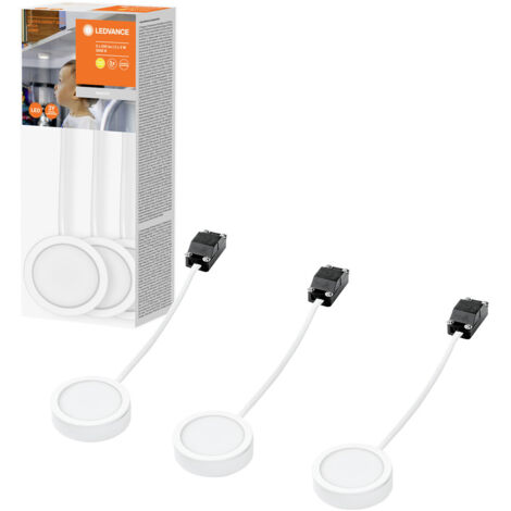 LEDVANCE kompakte Spotleuchten als Schrankunterbaubeleuchtung, weiß, 3-teilig mit je 65mm Durchmesser, modernes und schlankes Design, 3x3W, 3000K (warmweiß)