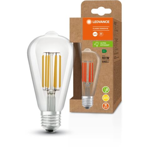 LEDVANCE Lampada a risparmio energetico a LED, filamento Edison, E27, bianco caldo (3000K), 4 watt, sostituisce la lampadina da 60W, altamente efficiente e a risparmio energetico, confezione da 1