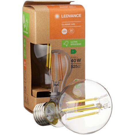 LEDVANCE Lampada a risparmio energetico a LED, lampadina a filamento di vetro, E27, bianco caldo (3000K), 2,5 watt, sostituisce la lampadina da 40W, altamente efficiente, confezione da 6