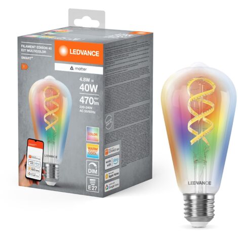 Ledvance Lampada Led Smart+ Matter, Vetro Chiaro a Filamento, 4,8W, 470Lm, Edison E27, Luce Colorata e Bianca, Compatibile con Google, Alexa, Apple, App o Controllo Vocale, Durata Fino a 15.000 Ore