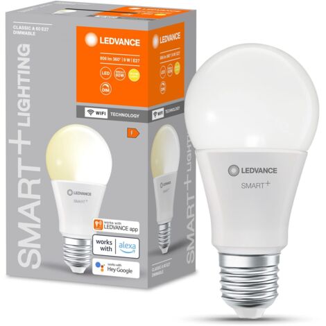 LEDVANCE Lampada LED SMART+ WIFI, smerigliata, 9W, 806lm, forma classica a goccia con E27, luce bianca calda a 2700K, dimmerabile, app o controllo vocale, fino a 20.000HR, confezione da 4
