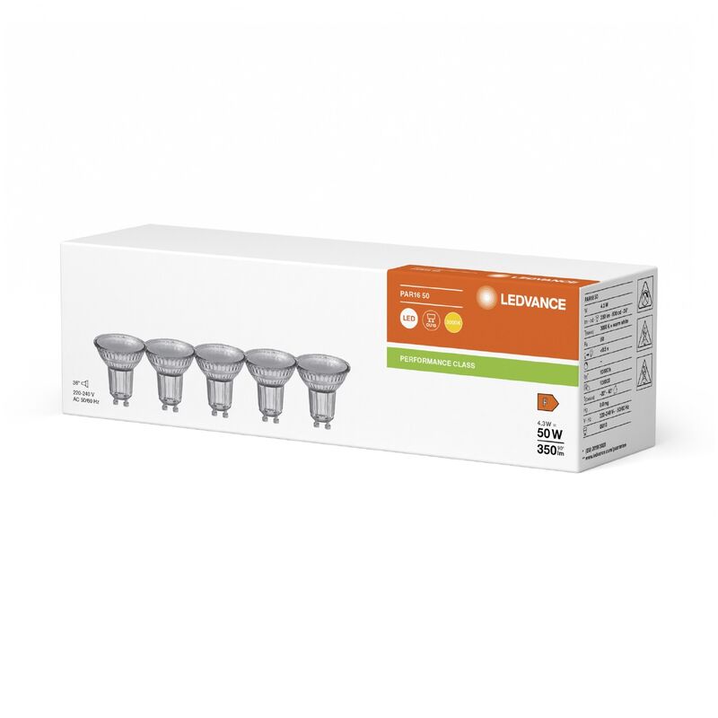 Ampoule à led - performance - gu10 - 4.3w - 3000k - 36d - 350 lm - lot de 5 - par16 - osram 068119