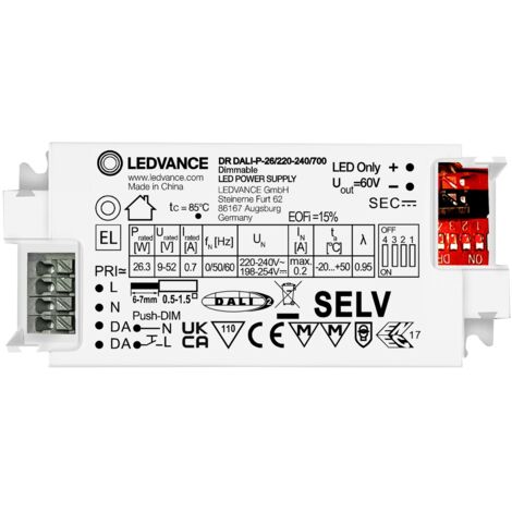 Ledvance – Transformateur LED 700mA – Tension 220-240V – Gradation DALI-2 – Installation sans outil – Éclairage de secours - DALI-P-26
