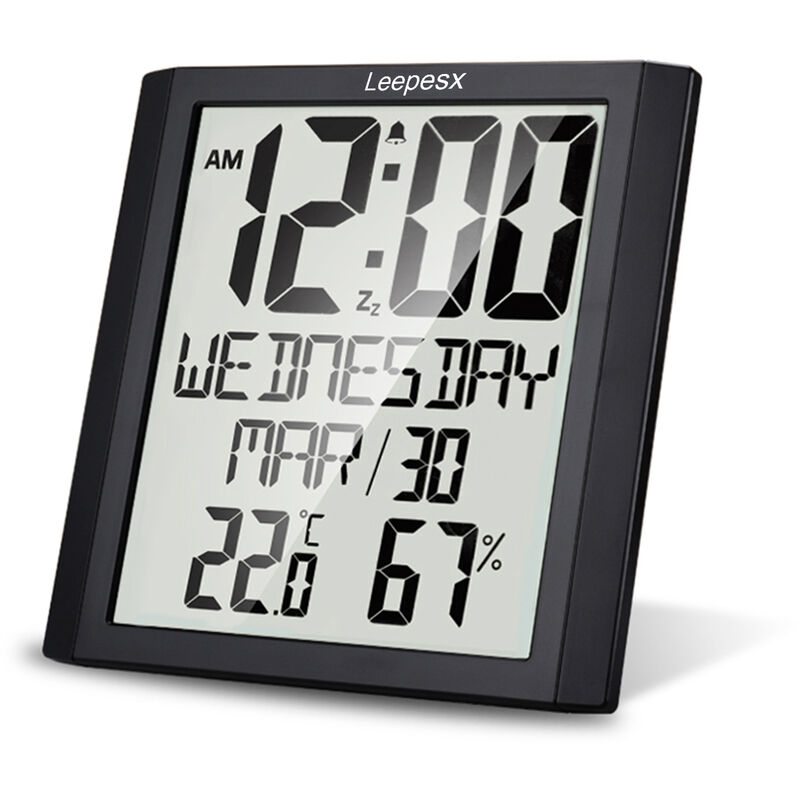 

Leepesx Reloj de pared digital con temperatura y humedad 8.6 '' Pantalla grande Hora / Fecha / Semana Reloj despertador y Snooze ℃ / ℉