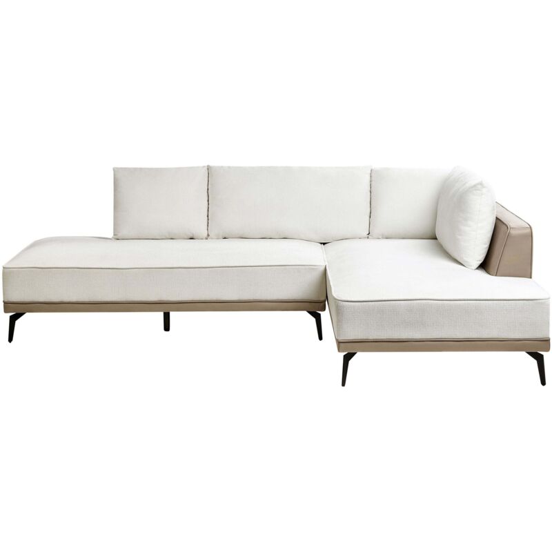 Beliani - Left Hand Corner Sofa Polyester Fabric Faux Leather Steel Legs Cushions Living Room Off-white And Taupe Myken