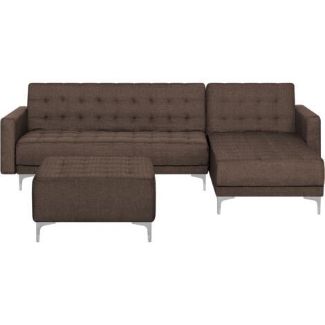 Left Hand Fabric Corner Sofa with Ottoman Brown ABERDEEN