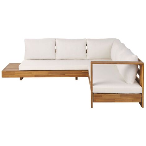Left Hand Outdoor Corner Sofa Lounge Set Side Table Certified Acacia Wood White Marettimo