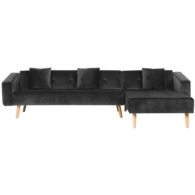 Velvet Left Hand Corner Sofa Bed Black Buttoned Sleeper Vadso - Black