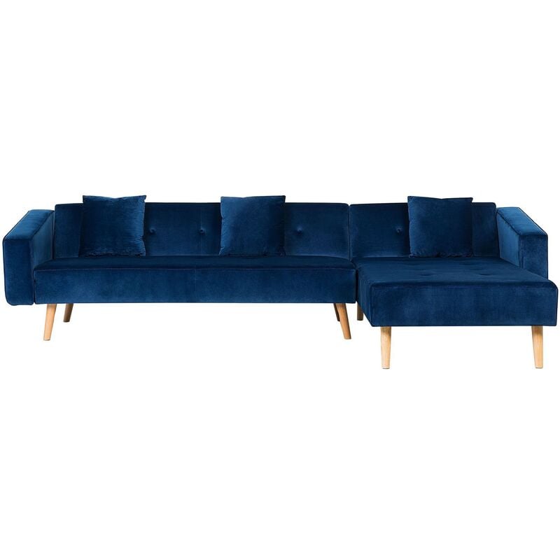 Velvet Left Hand Corner Sofa Bed Navy Blue Buttoned Sleeper Vadso - Blue