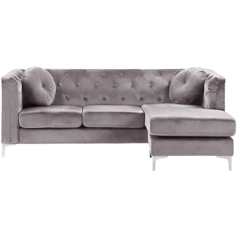 Beliani - Left Hand Velvet Corner Sofa Grey Additional Pillows Tufted Nailhead Trims Flen