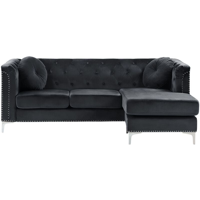 Left Hand Velvet Corner Sofa Black Additional Pillows Tufted Nailhead Trims Flen