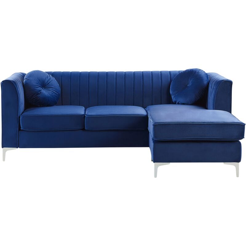 Left Hand Velvet Corner Sofa Blue Additional Pillows Glamour Timra