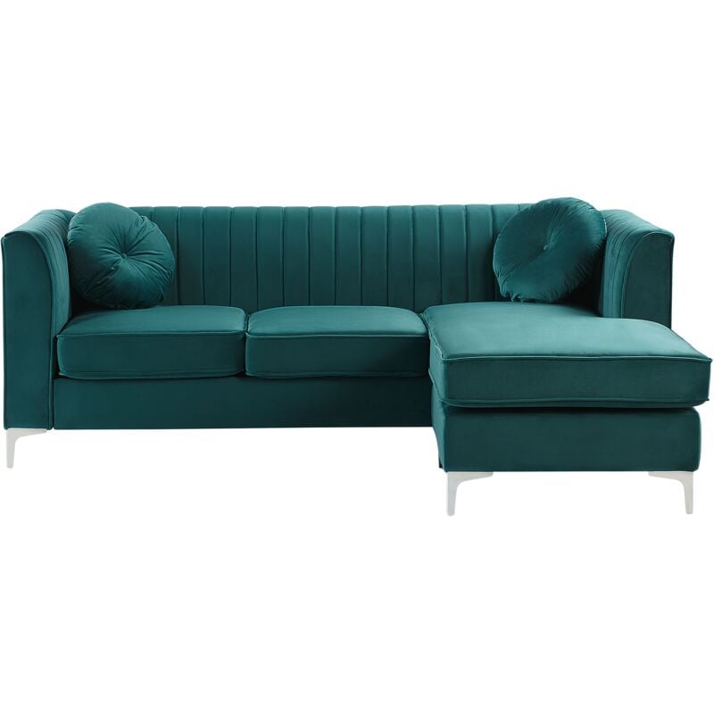 Left Hand Velvet Corner Sofa Green Additional Pillows Glamour Timra