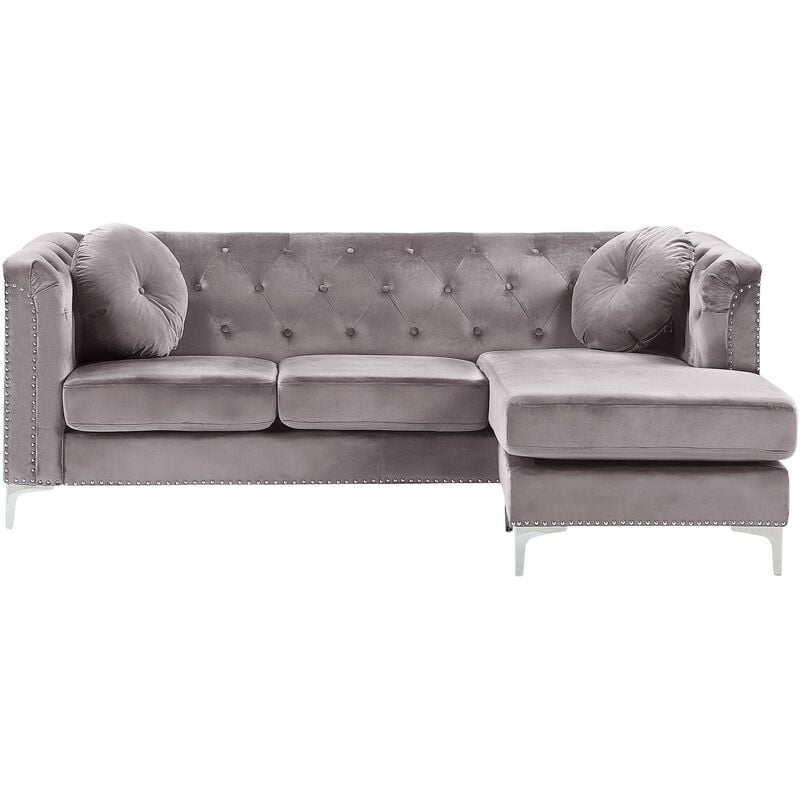 Left Hand Velvet Corner Sofa Grey Additional Pillows Tufted Nailhead Trims Flen