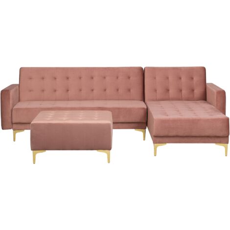 Left Hand Velvet Corner Sofa with Ottoman Pink ABERDEEN