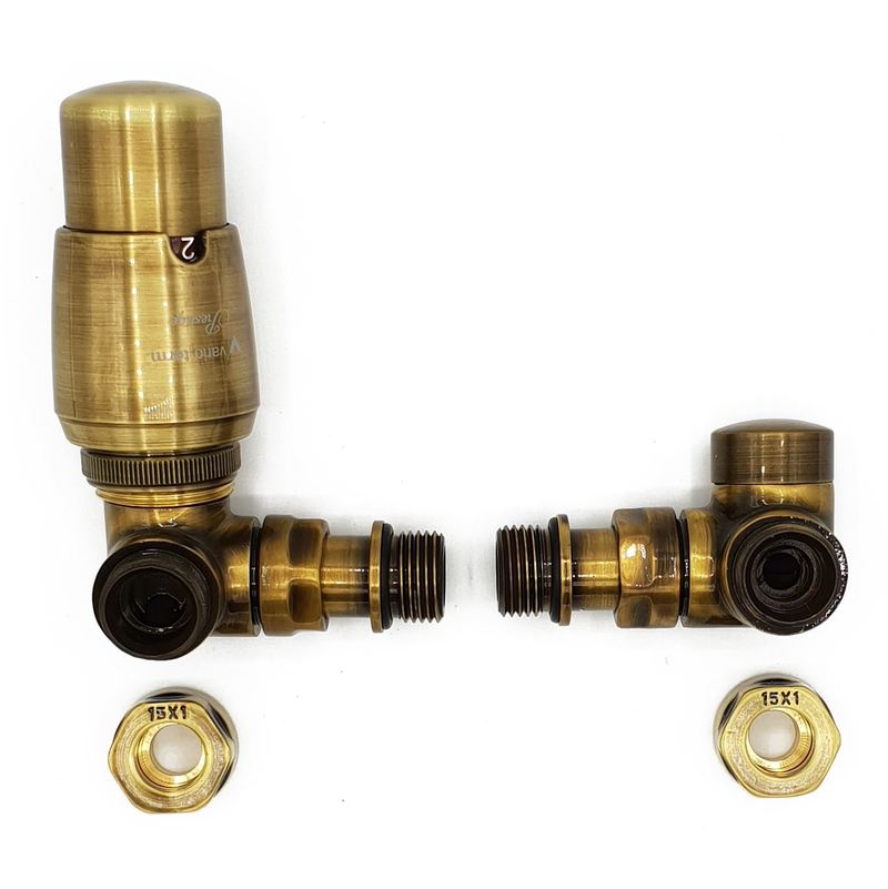 Varioterm - Left Version with Copper (Cu) Connectors Antique Brass Thermostatic + Lockshield Angled Valve Set Double-Pipe Radiator