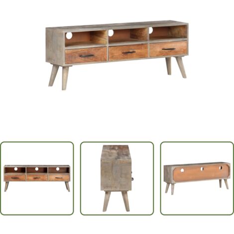 Legno di Mango Grezzo -  Mobile Porta TV Grigio 130x35x51 cm in Massello di Mango Grezzo