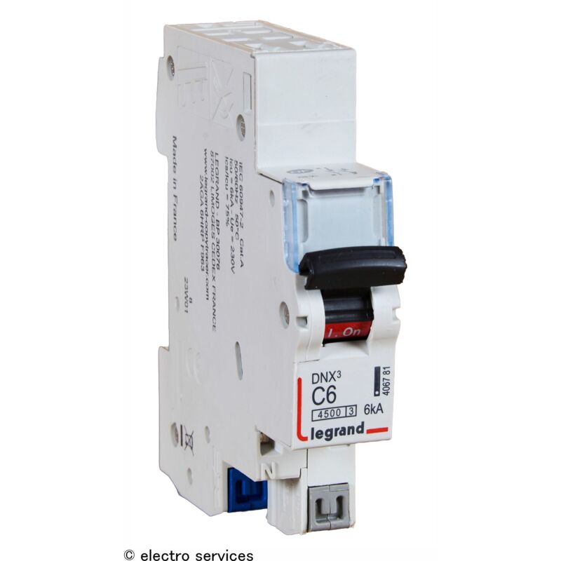 Disjoncteur Phase+Neutre DNX4500 6kA arrivée et sortie borne automatique 1P+N 230V 6A courbe c 1 module (406781)