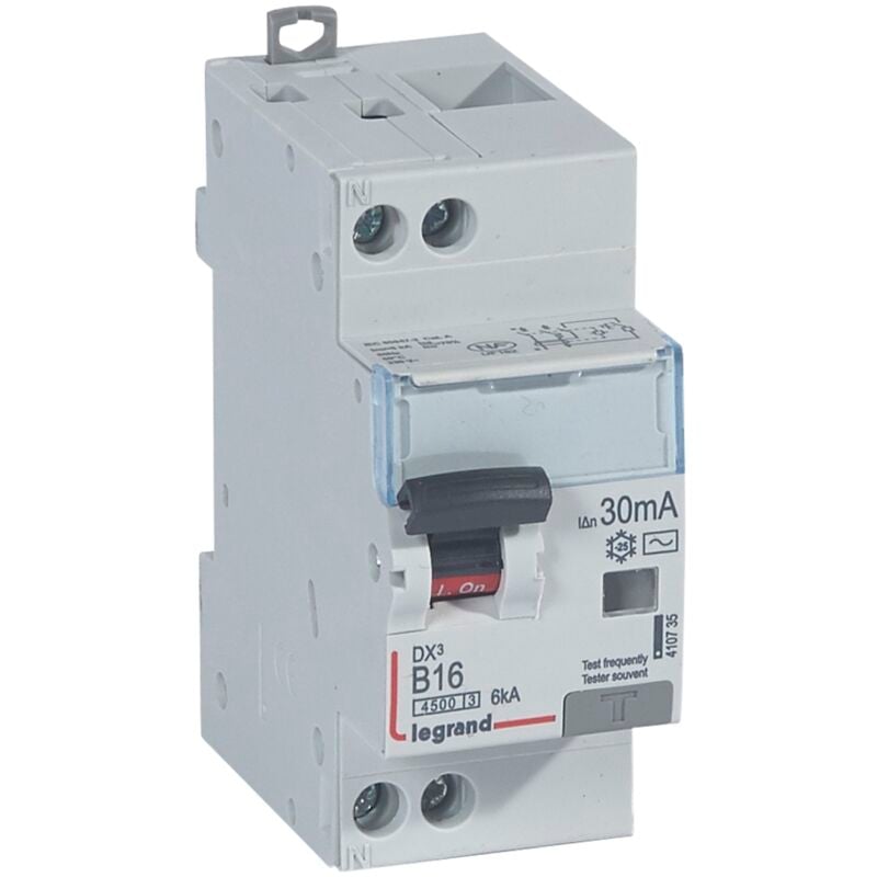 Disjoncteur différentiel DX³4500 arrivée haute et départ bas à vis u+n 230V 16A type ac 30mA courbe b 2 modules Legrand 410735