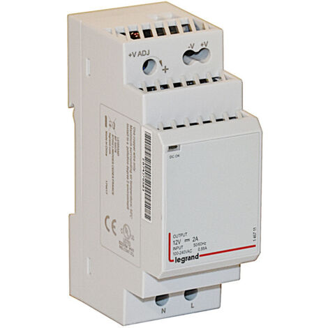 Legrand – Alimentation à découpage monophasée 100-240V – Sortie 12V 2A 24W – Protection contre courts-circuits – Réglage tension intégré