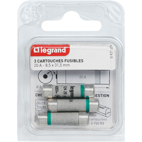 Legrand – Cartouches fusibles 20A avec témoin – Dimensions 8,5 x 31,5mm – Capacité de coupure 20 000A – Tension maximale 400V