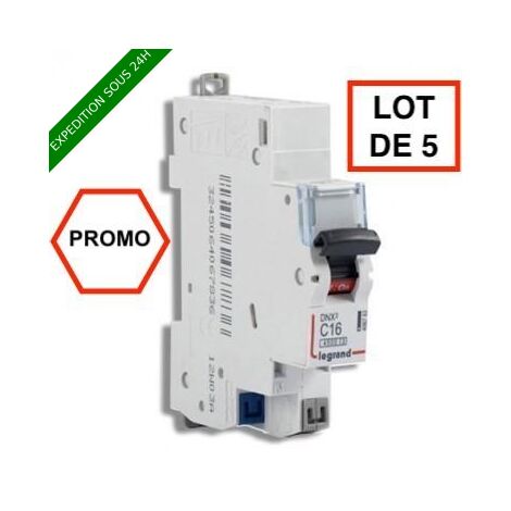 Legrand – Disjoncteur bipolaire 16A auto PH+N courbe C 4.5kA 230V – Protection contre courts-circuits – Lot de 5 unités