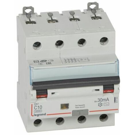 Legrand – Disjoncteur différentiel tétrapolaire 10A – Courbe C 30mA – 4 pôles – Protection circuits 400V – Indication visuelle ON/OFF
