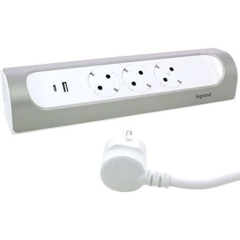 Legrand Ecksteckdosenleiste 3x Steckdose, USB A+C, 1m Kabel Farbe: Ultraweiß/Aluminium 694502