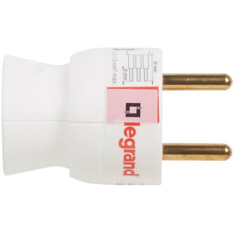 Legrand – Fiche électrique 2P+T 16A à sortie latérale – Indice de protection IP20 – Pour câbles jusqu'à 3 x 1,5 mm² – Couleur blanche