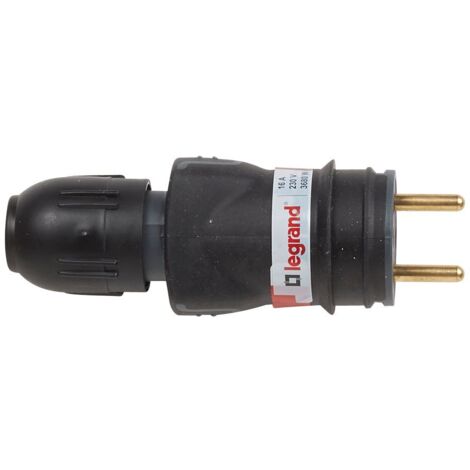 Legrand – Fiche mâle caoutchouc 2P+T 16A – Connexion automatique IP44 – Résistance mécanique IK08 – Tenue à la traction 30 kg – Pour câbles H07 RNF 3G 2,5 mm²