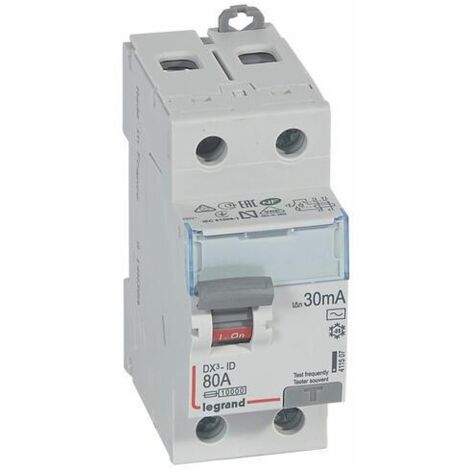 Legrand – Interrupteur différentiel 2P 230V 80A type AC 30mA – Arrivée haute et départ bas à vis – 2 modules – Installation sur rail DIN