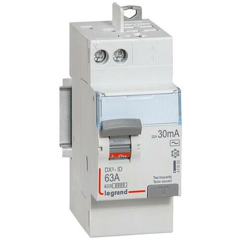 LEGRAND Interrupteur différentiel DX³-ID arrivée haut à vis et départ haut automatique - 2P 230V 63A typeAC 30mA - 2 modules - 411650