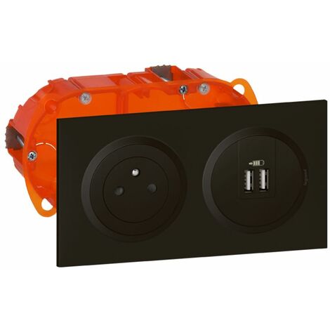 Legrand – Kit prise de courant 2P+T 16A avec chargeur USB 2 ports 2,4A – Plastique noir – Prise standard pour installation intérieure