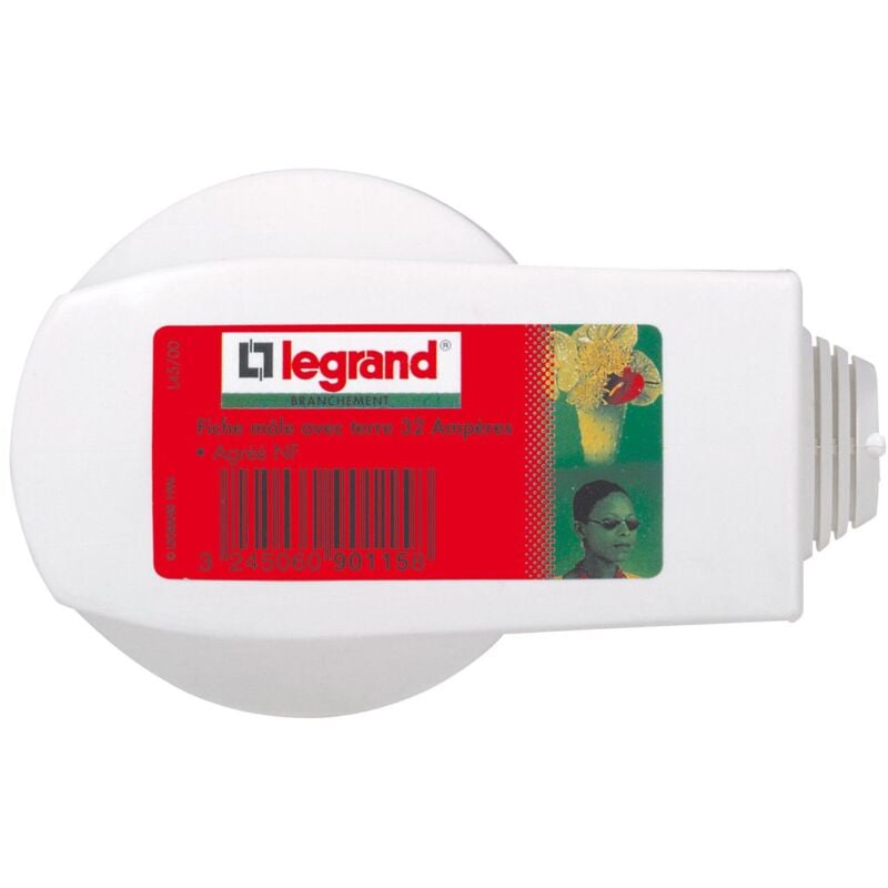 Legrand - Fiche 2P+T 32A sortie latérale par embout avec serre-câbles - Blanc