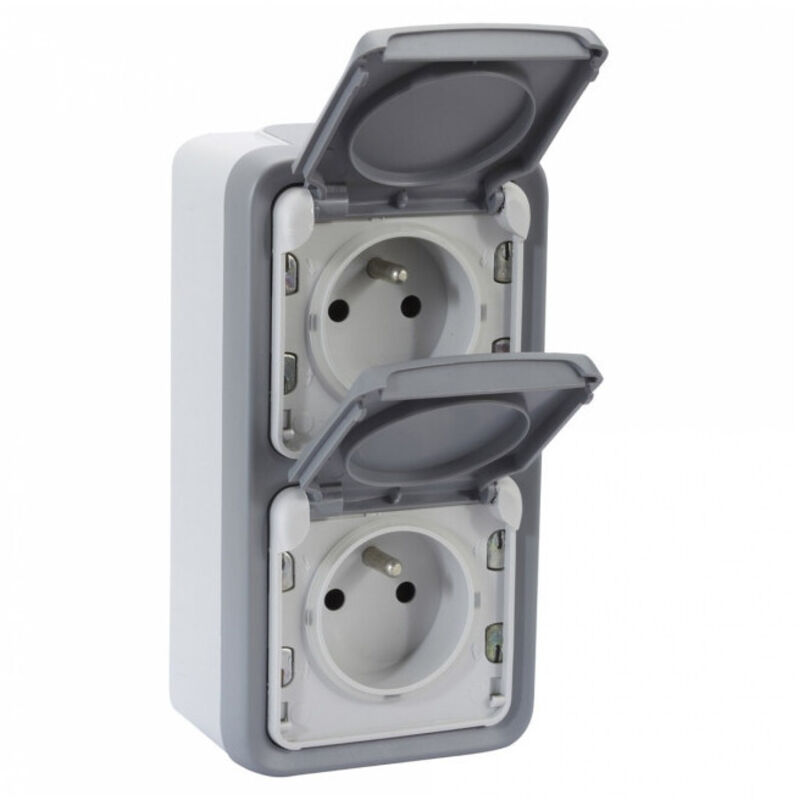 Plexo double prise de courant 2P+T verticale étanche complet gris IP55 - Legrand