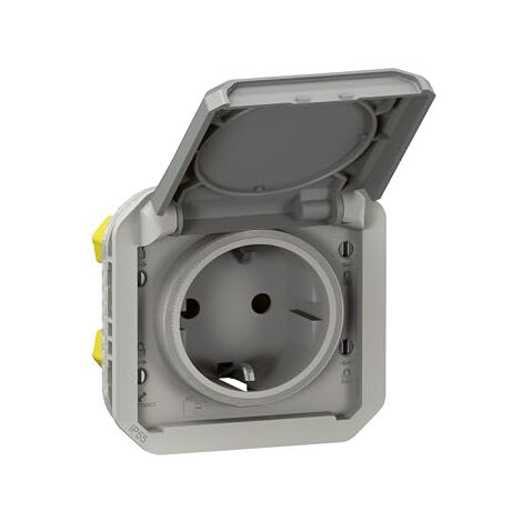 LEGRAND, PLEXO NEW 069570L PRISE POUR PIÈCES HUMIDES STANDARD SCHUKO AVEC COUVERCLE À CHARNIÈRE, PROTECTION ANTI-CONTACT, BORNES