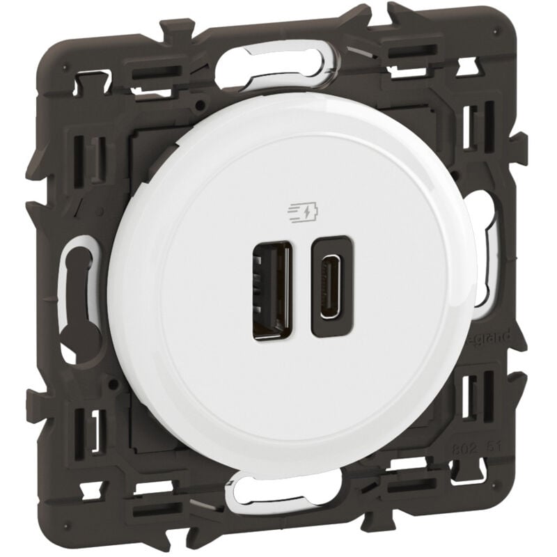 Legrand - Prise double USB A+C Céliane - Blanc + support, à équiper d'une plaque