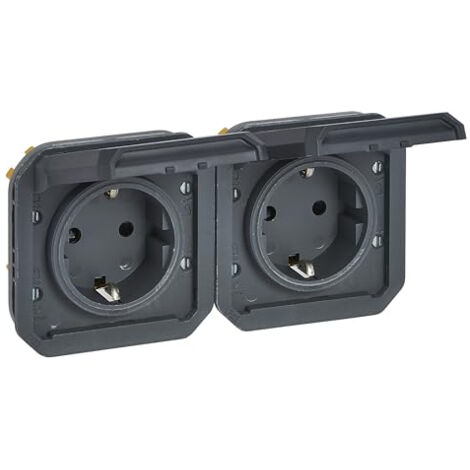 Legrand – Prise pour pièces humides 69879L – 2 prises Schuko – Couvercle à charnière – Protection tactile IP44 – Pré-câblée horizontalement