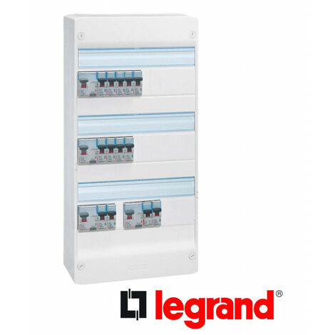 Legrand – Tableau équipé 3 rangées 13 modules – 4 interrupteurs différentiels 40A 30mA – 5 disjoncteurs 10A/16A/20A – Adaptable pour ajout d'éléments