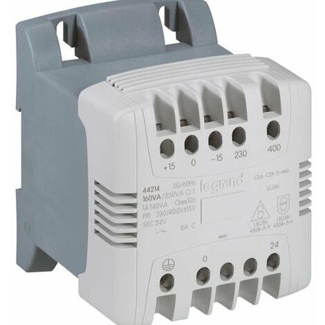 Legrand – Transformateur pour tableau électrique 160VA – Monophasé 230V-400V – Secondaire 24V – IP2X – IK04 – Montage sur rail