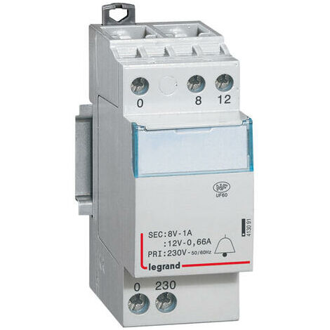 Legrand – Transformateur pour tableau électrique 413091 – 230V à 8V/12V – 0,66A à 1A – Puissance 8 VA – Montage sur rail DIN
