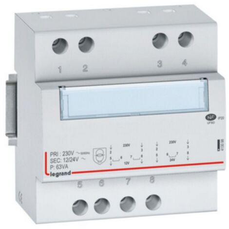Legrand – Transformateur pour tableau électrique 230V vers 12V ou 24V – 63VA – 5 modules – Protection contre surcharges et courts-circuits