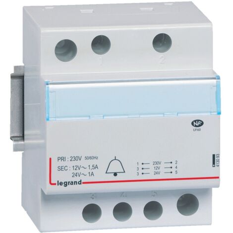 Legrand – Transformateur pour tableau électrique 230V vers 24V à 12V – Puissance 24VA à 18VA – Intensité 1A à 1,5A – 4 modules – Conforme norme EN 61558-2-8