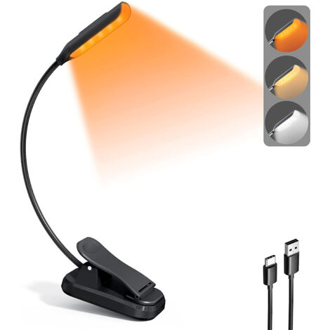 Leichte und wiederaufladbare Leselampe mit 9 bernsteinfarbenen LEDs zum Lesen im Bett, Klemmleuchte zum Schutz der Augen, bis zu 80 Stunden Akkulaufzeit, 3 Helligkeitsstufen x 3 Farbmodi