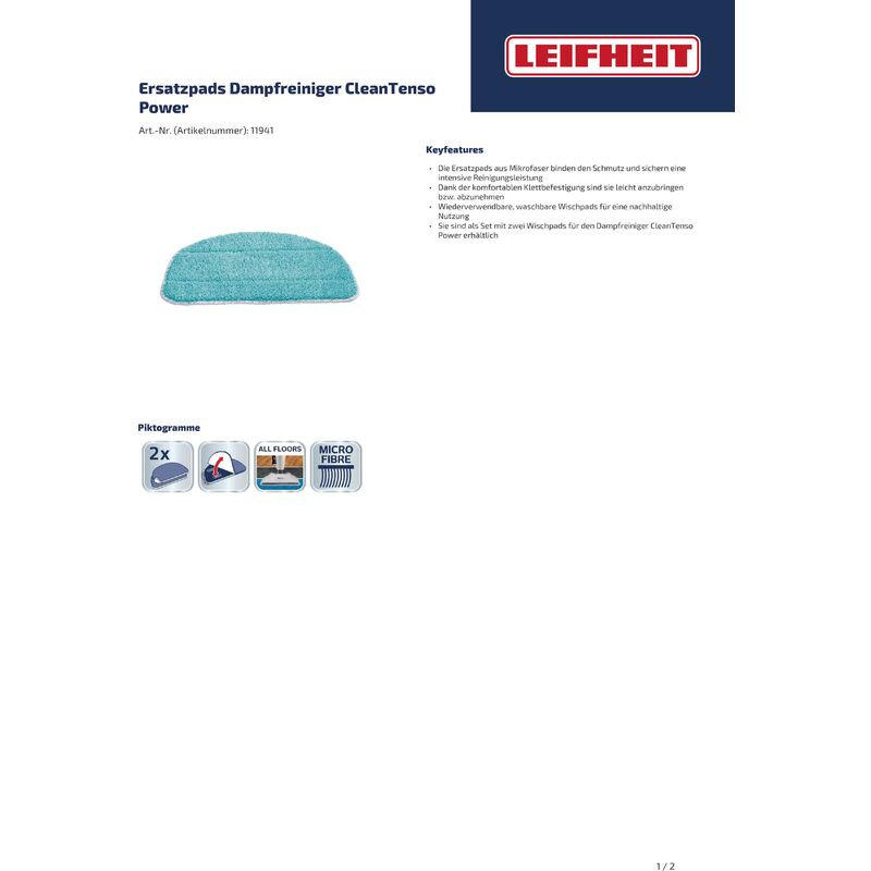 Leifheit - pad de rechange nettoyeur vapeur Clean Tenso Power set de 2 pièces