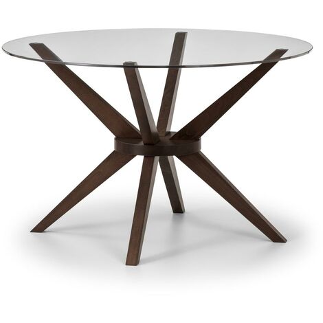 Leila 140Cm Round Glass Dining Table - Solid Beech Base With Walnut Finish